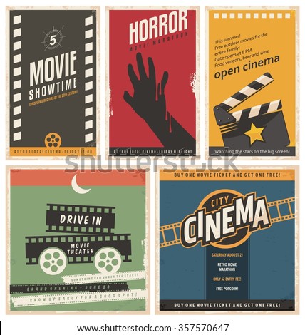 Retro cinema posters and flyers collection. Vintage movie signs layouts. Promotional film printing templates for ads or banners on old paper texture. 
