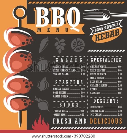 BBQ restaurant menu design. Abstract grill menu layout concept on dark black background. Document template. Print mock up. Grilled meat. Kebab image on a menu cover.