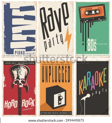 Retro music posters collection. Vintage signs set on old paper texture. Music concerts and party design concepts on damaged background template.