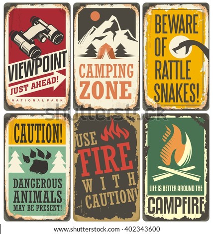 Set of retro outdoor camp signs and poster templates. Warning and info tin signs collection for camping site or national park on old scratched background.