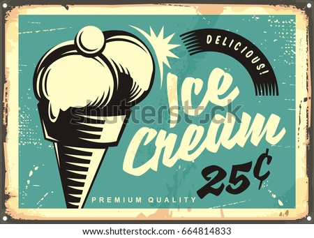 Vintage ice cream vector illustration. Retro advertisement with two scoops of ice cream in a cone and cherry on the top.