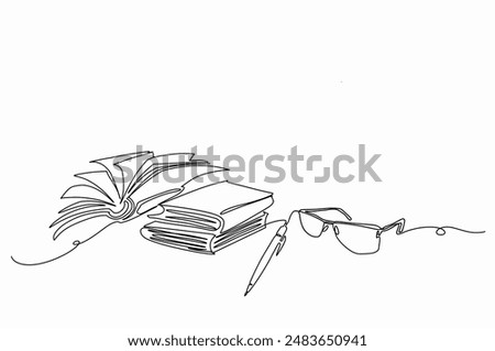 Continuous one line drawing Stack of books, pen, and Eyeglasses Doodle vector illustration isolated on white background