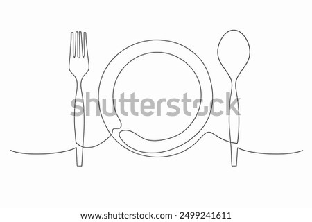 Cutlery set on a plate featuring a fork, spoon, A continuous one line of dishware, Spoon, dish, fork, Cartoon doodle hand drawing isolated on white background, Vector Illustration design