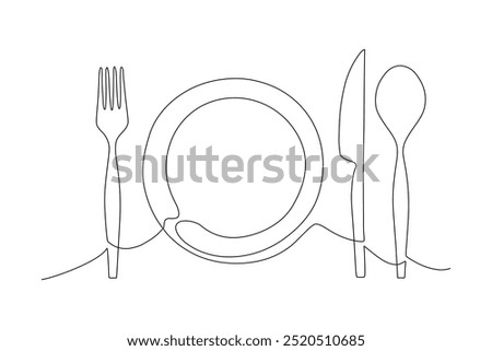 Cutlery set on a plate featuring a fork, spoon and knife, A continuous one line of fork, spoon, plate and knife Cartoon doodle hand drawing isolated on white background, Vector Illustration design	