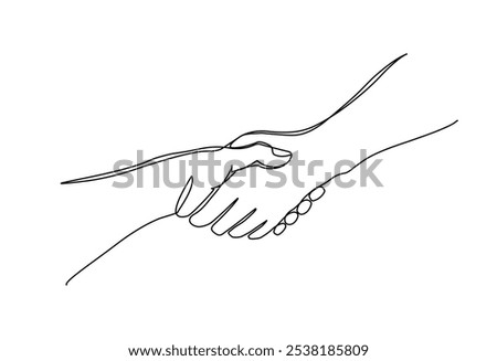 Continuous hand drawn of  two people shaking hands, hands pulling each other isolated on white background, The concept of greeting, encouraging, or helping the other person, vector illustration design