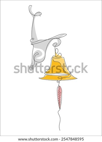 Continuous one line hand drawn of Golden bell, Traditional Ring bell in front of the house isolated on white background, vector illustration, colors filled, Editable stroke