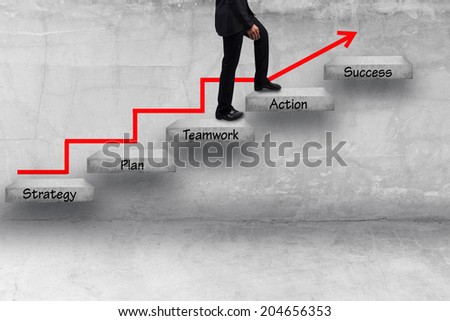 business graph with rising arrow and word strategy plan teamwork action success idea concept for success and growth business
