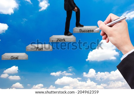 hand writing pose and business man walking up stepping ladder on blue sky with word goal plan work success idea concept for success and growth