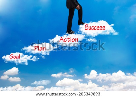 business man walking up stepping cross cloud stairs on blue sky with word goal plan action success idea concept for success and growth