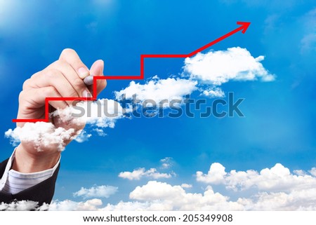 business man writing up stepping cross cloud stairs have red rising arrow on blue sky  idea concept for success and growth