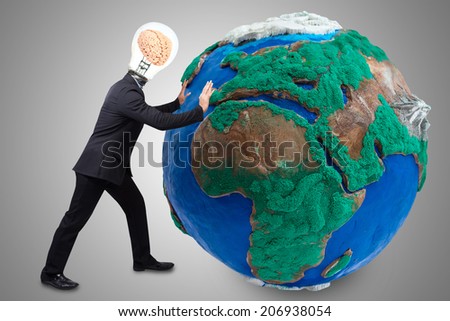 businessman have brain inside a light bulb pushing big earth planet urban scene balcony over looking city dusky before rain falling conceptual business team working cohesively Interaction and unity