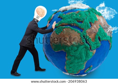 businessman have brain inside a light bulb pushing big earth planet urban scene balcony over looking city dusky before rain falling conceptual business team working cohesively Interaction and unity