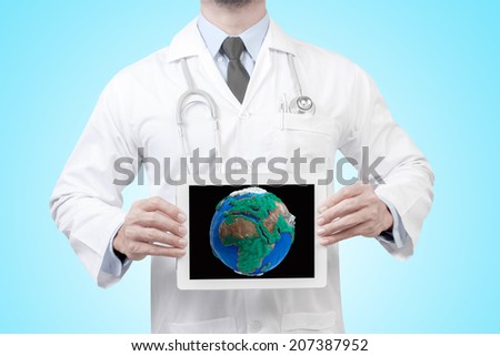 doctor presenting diagnosis globe in digital tablet screen concept for medical for ecology