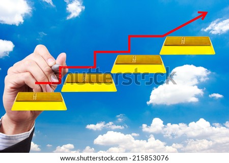 business hand writing rising arrow walking up gold bars stepping ladder on blue sky idea concept for success and growth
