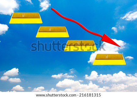 walking down gold bars stepping ladder have red rising arrow against bluesky idea concept for financial crisis
