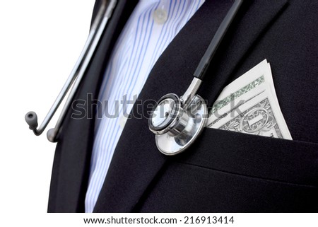 dollars bills in pocket of doctor isolated on white background with clipping path