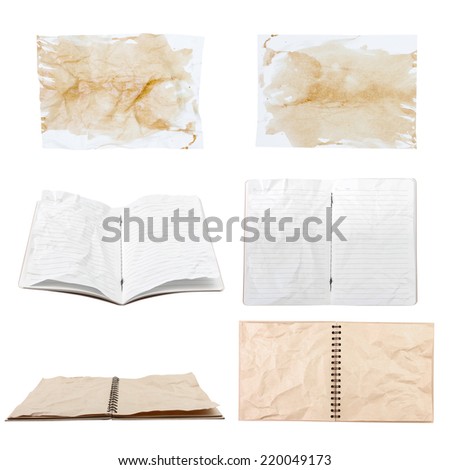 collection texture of recycle crumpled note book ,crumpled paper and coffee stains ,double page crumpled isolated on white background with clipping path