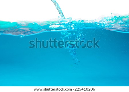 close up of pouring turquoise water and bubbles isolated on white background with clipping path