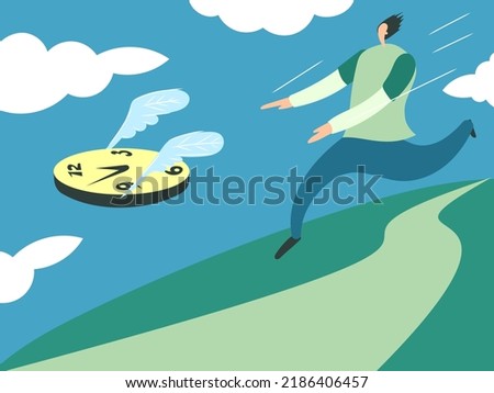 The man catches up with the flying clock. Conceptual vector illustration - running away time	
