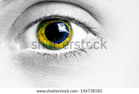 Colorful Woman Eye Macro Shot With Brazilian Flag.