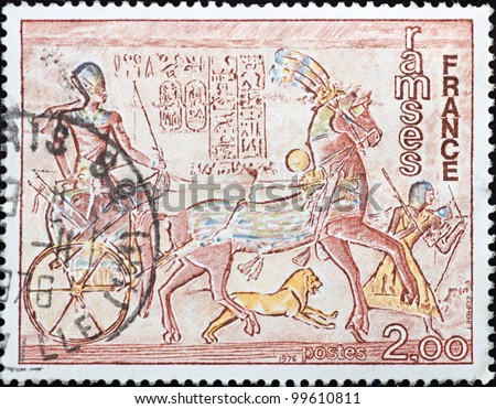 FRANCE - CIRCA 1976: A stamp printed in France,shows an image of the Egyptian pharaoh Ramses, circa 1976.