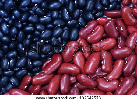 Close up of raw black beans and raw kidney beans