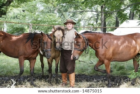 Actor with his horses in re-enactment of the civil war.