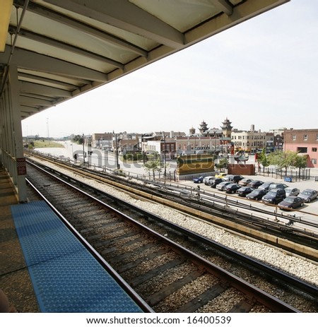 View of China town and parking lot from train tracks in Chicago.