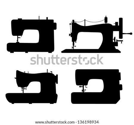 Set of black isolated contour silhouettes of sewing machines. Icons collection of stitching machines. Pictogram