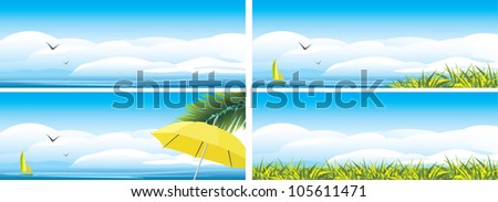 Sky landscape with clouds and grass. Summer background. Vector