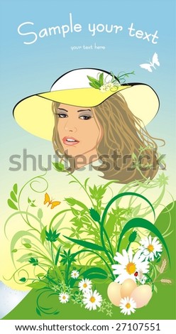 Beautiful blondy in a hat among flowers. Spring composition. Vector