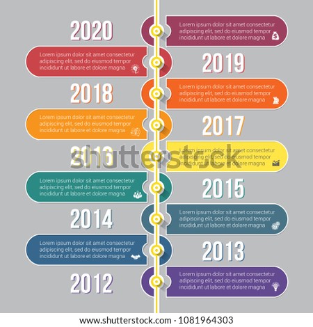 Vertical timeline infographics colorful template 9 positions, to use for flowchart, workflow, banner, diagram, web design, timeline, area chart,number options
