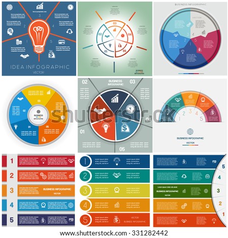 Set 9 templates, Infographics business conceptual cyclic processes, five positions for text area, possible to use for workflow, banner, diagram, web design, timeline, area chart