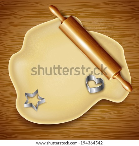 Dough, rolling pin, cookie cutters on the wood. Vector