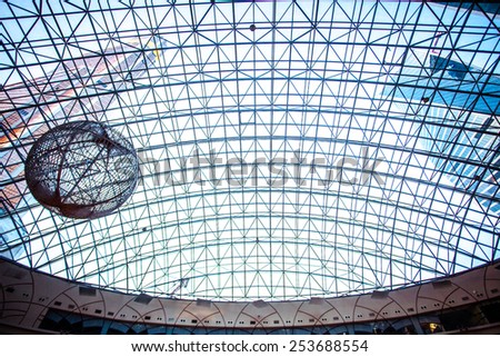 Transparent roof of shopping center AfiMall City and Mercury city Tower