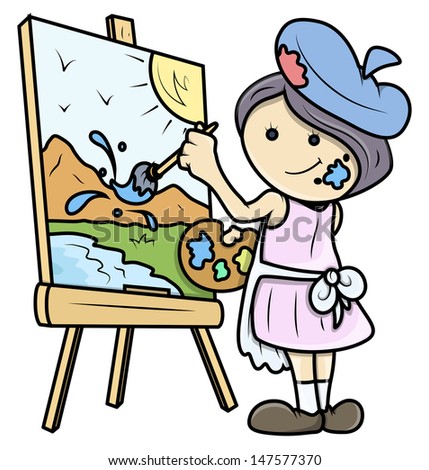 Cartoon Girl Painting A Landscape On Canvas - Vector Illustrations ...