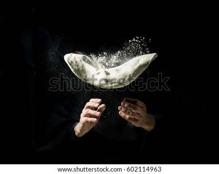Image, Stock Photo Kneading pizza dough on green table. Making dough at home