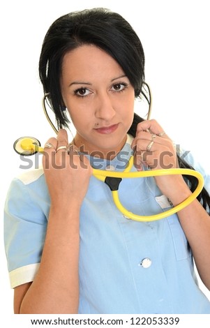 Smiling medical doctor woman. Isolated over white background