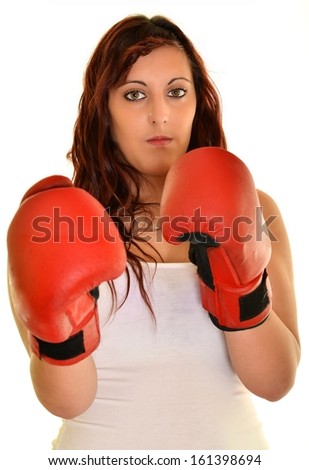 sport young woman boxing gloves, face of fitness girl studio shot over white background