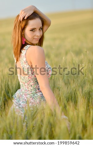 Summer girl portrait. Caucasian woman smiling happy on sunny summer