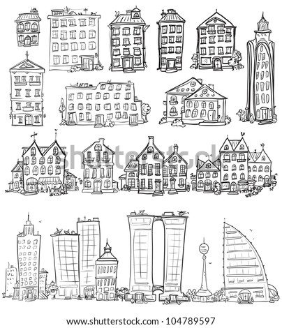 Set of hand drawn houses, doodled city, town doodles set