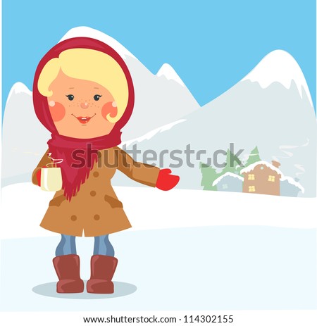 Cartoon people, Winter holidays, Girl with cup of hot drink inviting guests