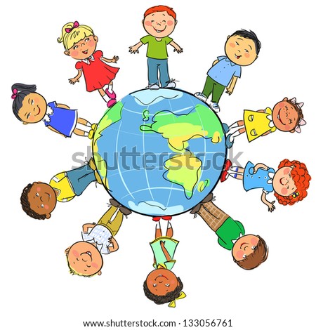 Happy Kids On A Globe Earth, Hand Drawn Children Isolated, Sketch Stock ...