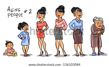 Aging people  - set 2, Women at different ages. Hand drawn cartoon women, family members isolated, sketch