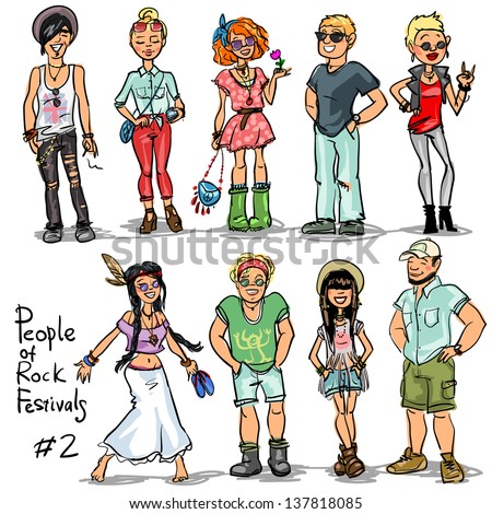 People of Rock Music Festivals. Hand drawn cartoon characters, set.