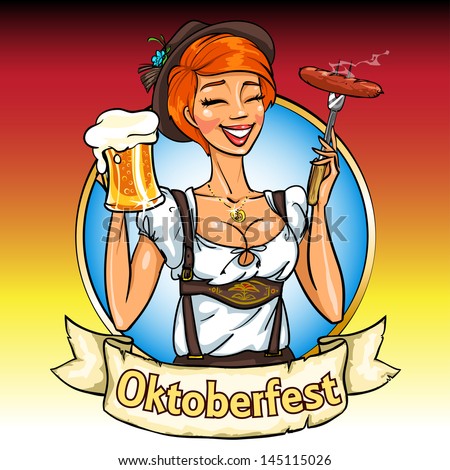 Pretty Bavarian Girl With Beer And Smoking Sausage, Oktoberfest Label ...