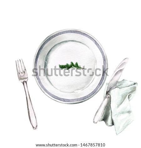 Empty Plate. Arugula leaf. Watercolor Illustration