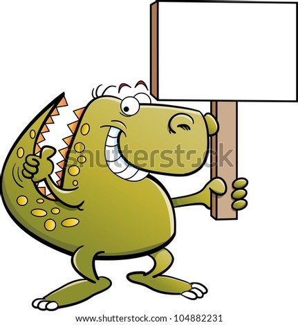 Cartoon illustration of a dinosaur with a sign