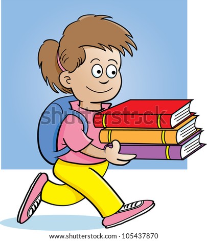 Cartoon Illustration Of A Girl Carrying Books With A Background ...