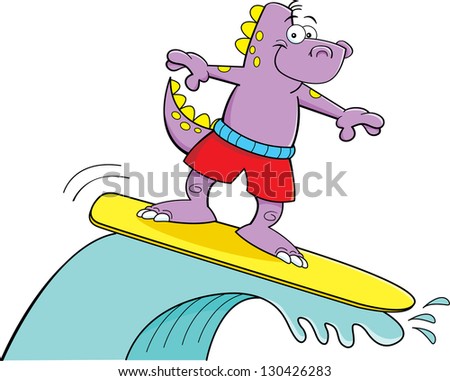 Cartoon illustration of a dinosaur surfing.